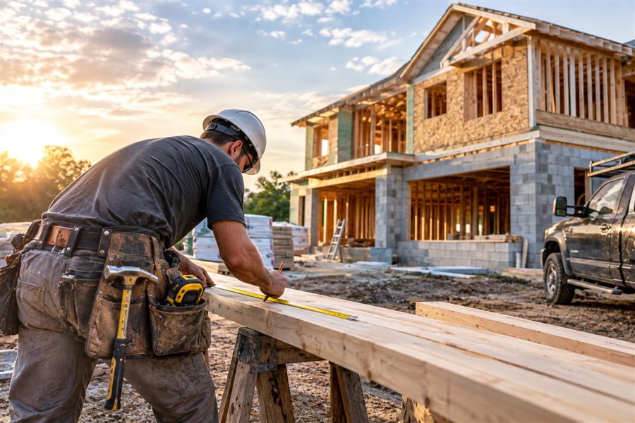 Construction worker measuring lumber at a residential build site