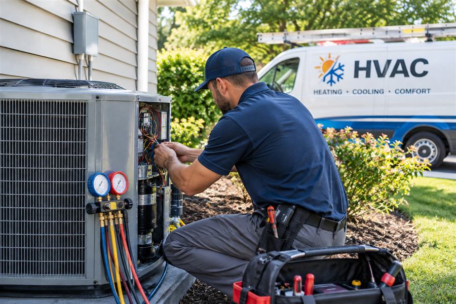 HVAC technician servicing an outdoor unit