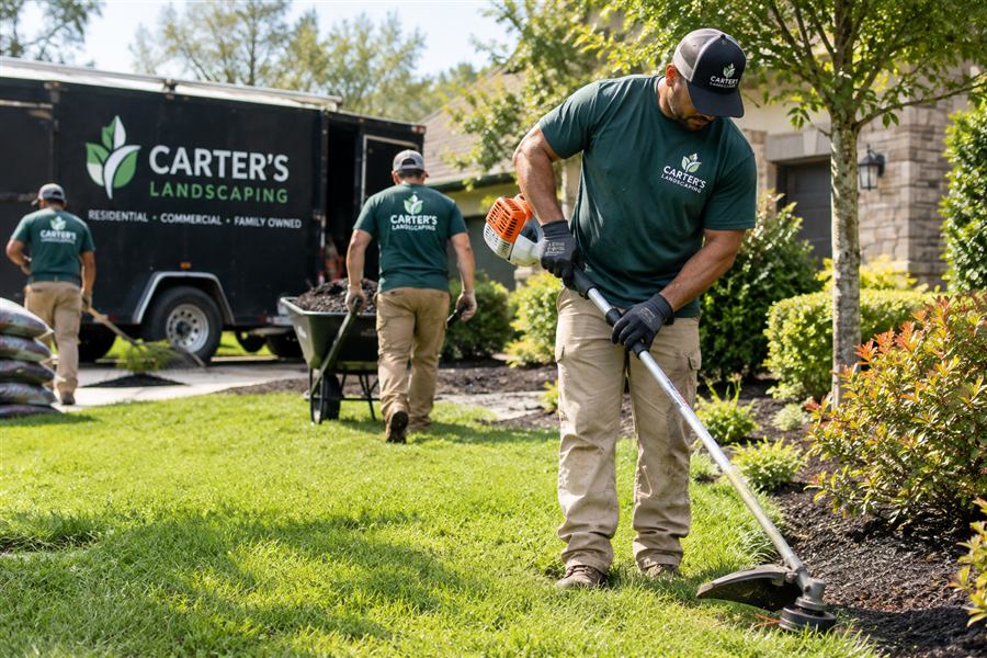 Landscaping crew at work on a residential property